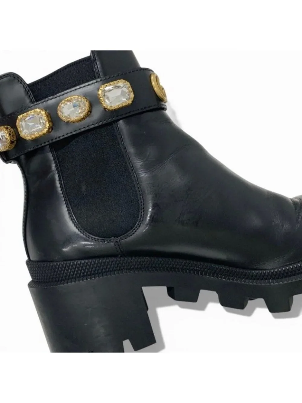 Gucci Short Boots Shoes Leather Black Bijoux GG Marmont Belt Side Gore - Picture 10 of 10